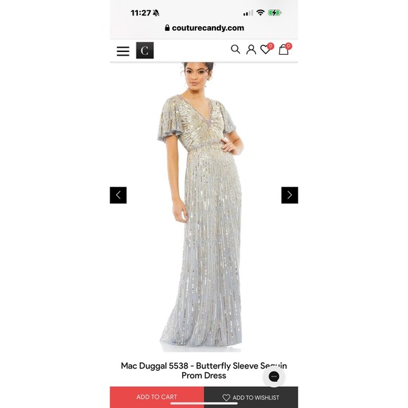 Mac Duggal Embellished V Neck Butterfly Sleeve Column Gown Platinum Size 18 NWT - Picture 4 of 12